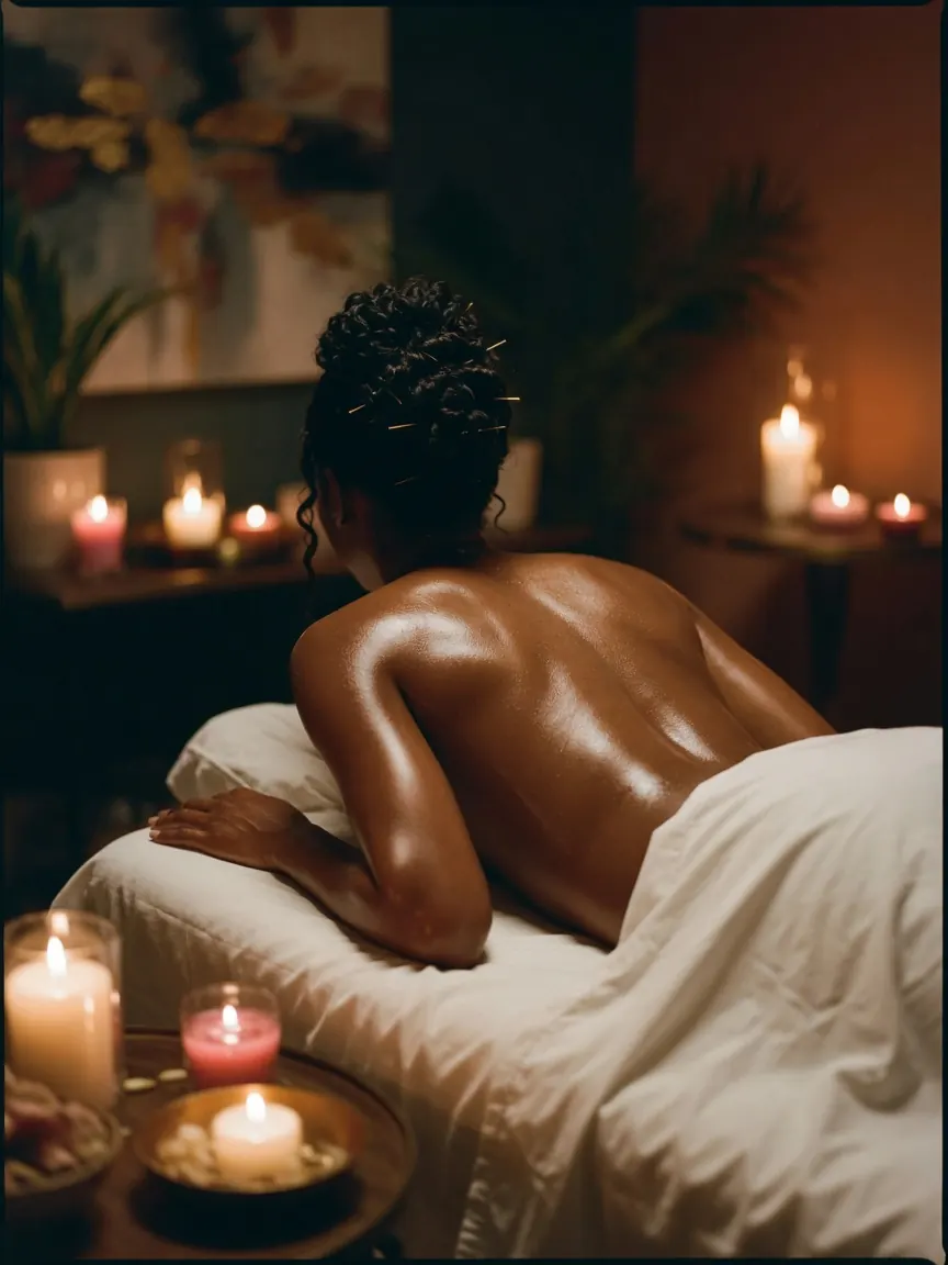 Oiled shoulders on a massage table during Buckhead massage