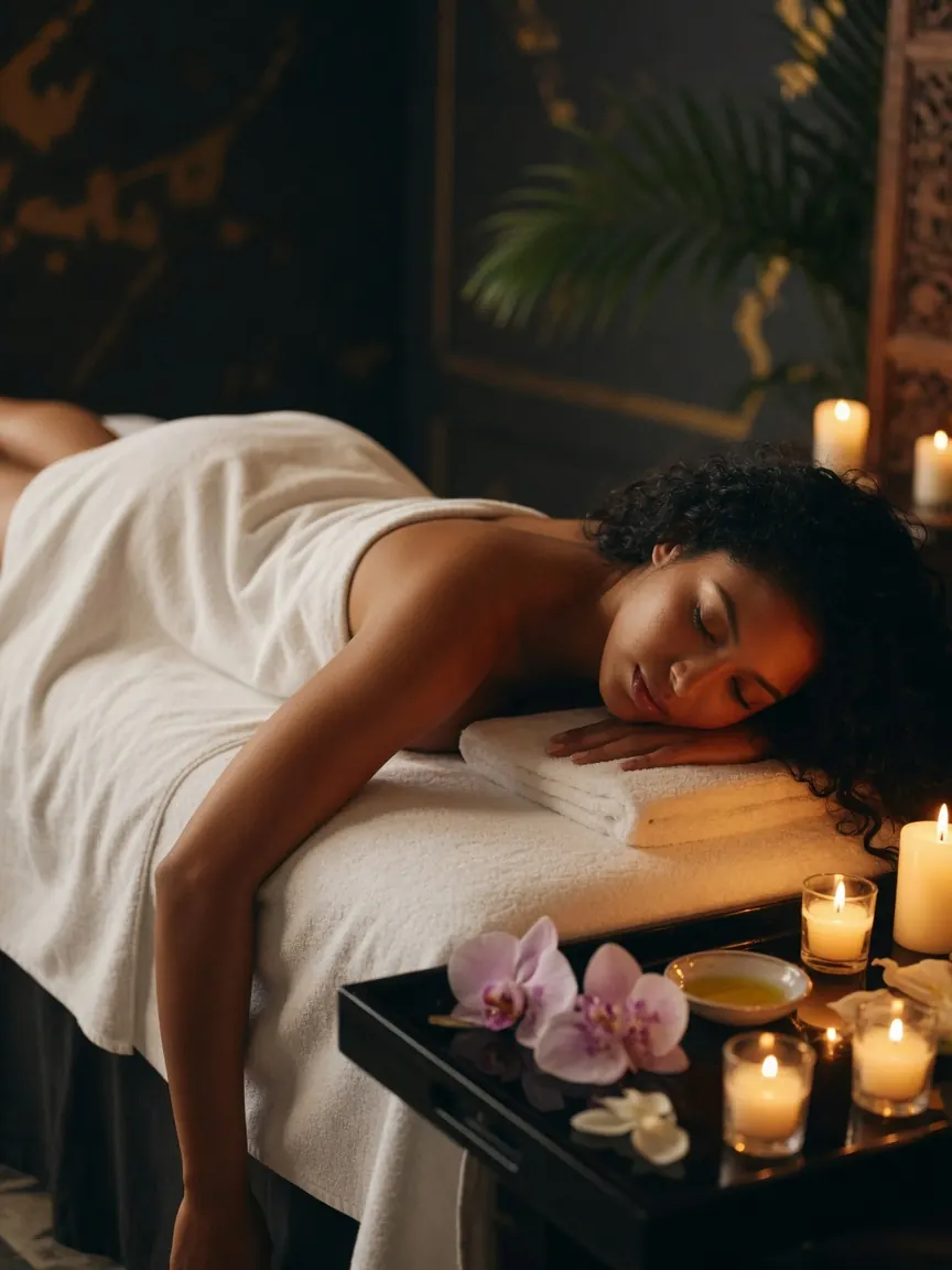 Buckhead massage: a therapist's room lit by candles, towels folded on a lacquer tray
