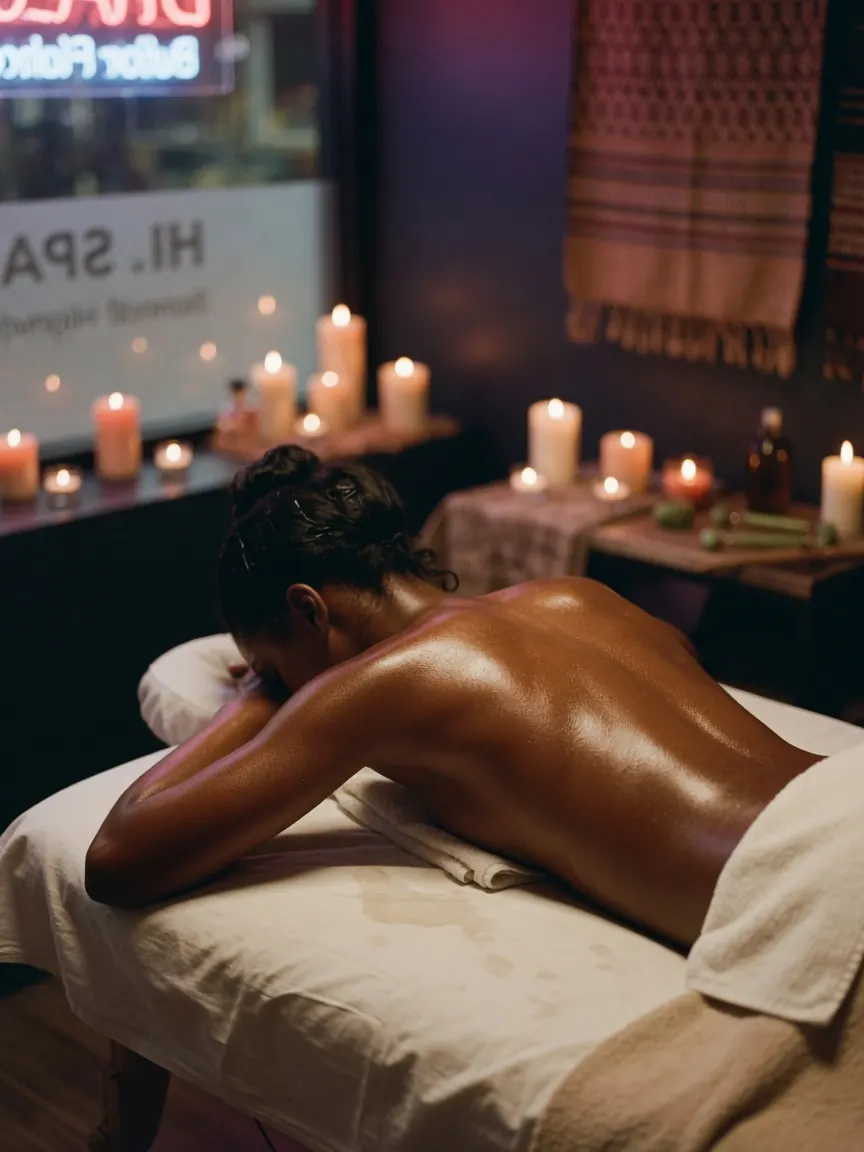 Oiled shoulders on a massage table during Chamblee massage