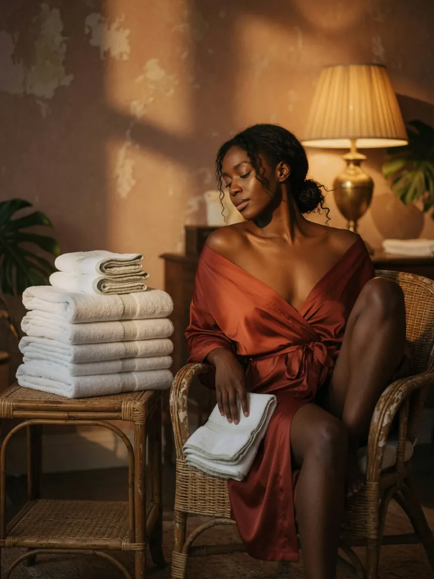 Decatur massage: a therapist's room lit by candles, towels folded on a lacquer tray