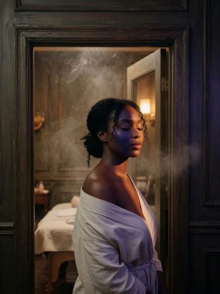 Steam, shadow and a gold screen in a room used for Downtown Atlanta massage