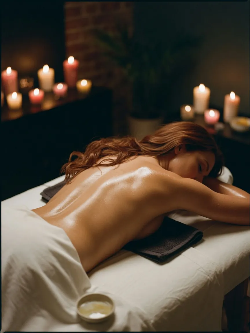 Oiled shoulders on a massage table during nuru massage vs sensual massage