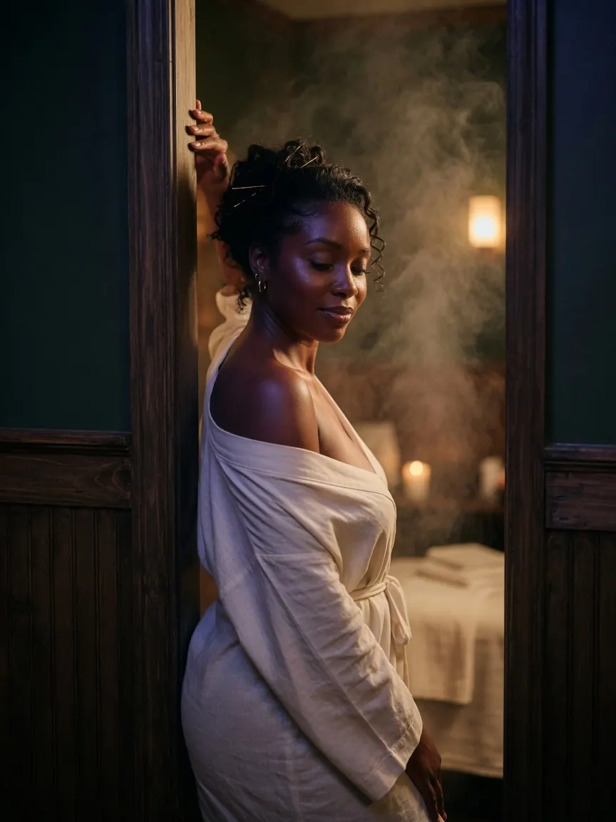 Steam, shadow and a gold screen in a room used for outcall massage Atlanta