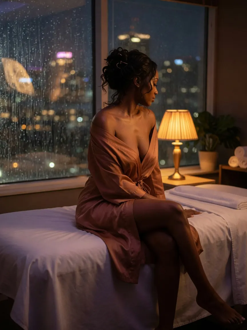 Silk robe and low lamplight in a studio offering what to expect erotic massage Atlanta